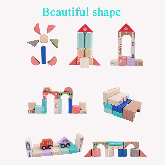 umbresen 115 Pcs Wooden City Building Blocks Set, Colorful Stacking Preschool Educational Toys for Toddlers Boys Girls Gifts with 20 Pcs Floor Jigsaw Puzzle and Storage Bag (City Building Toy Set)