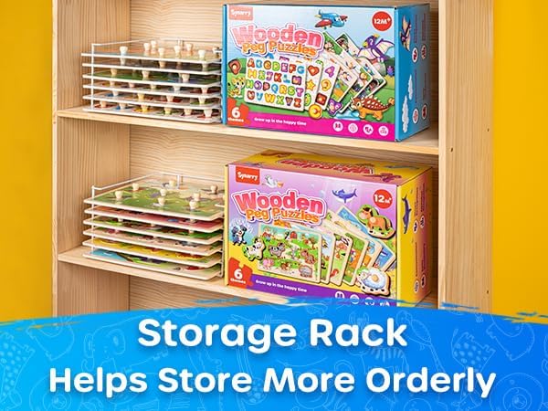 SYNARRY Wooden Puzzles for Toddlers 1-3, 6XSET Puzzles for Toddlers 2-4 with Rack, Learning Alphabet Number Animal Dinosaur Vehicle for Kids, Education Toys for 2 3 Years Boys Girls