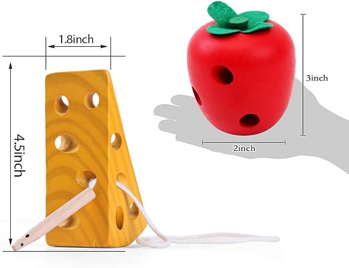 Sealive Early Development Wooden Lacing Toys, Montessori Activity | Caterpillars Eat Apple and Kids Cheese Toys, Children Learning Educational Wood Block Puzzles for Toddlers Boys Girls