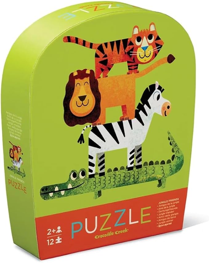 Crocodile Creek 12-Piece Mini Jigsaw Puzzle - Fun Floor Puzzles for Kids Ages 2-4 and Up - Heavy-Duty Shaped Box for Storage - Jungle Friends - 12" x 9" Finished