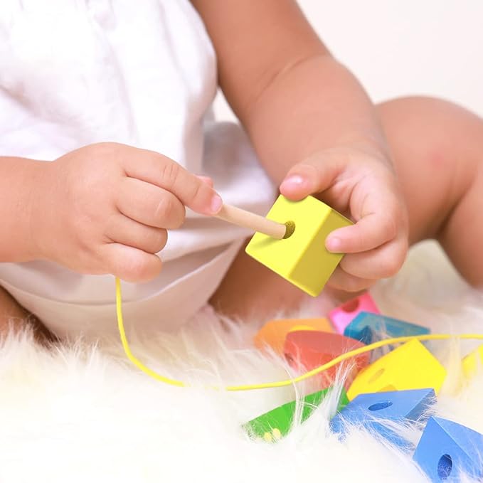 Caterpillar Lacing Toy, Wooden Threading & Stacking Beads for Toddlers | Nine numbered blocks among the 20; varied shapes and colors; counting, fine motor skills, dexterity and hand-eye coordination