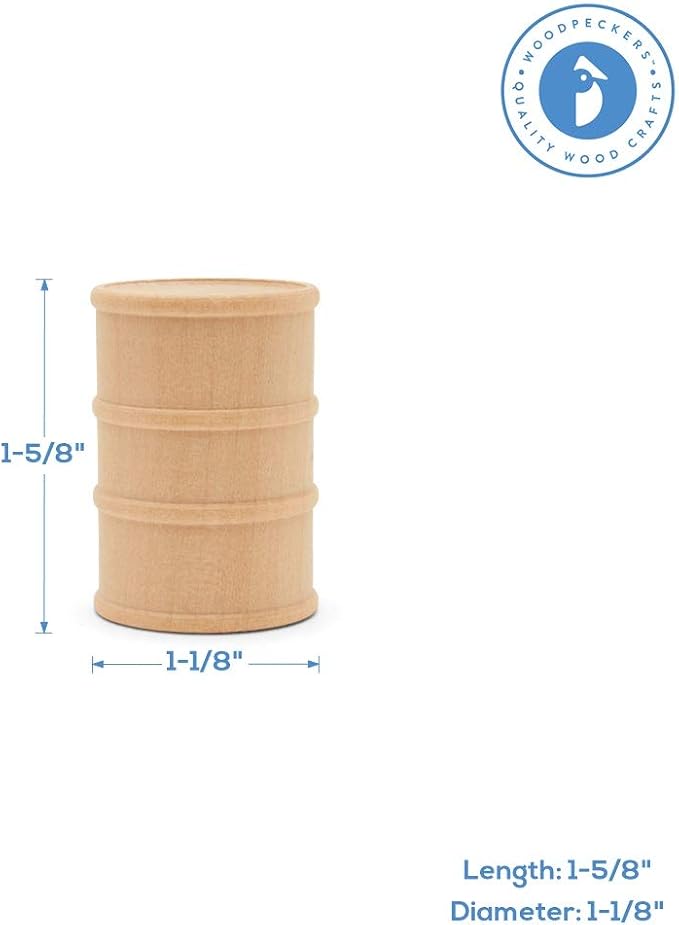 Wooden Oil Drums 1-5/8 Inch, Pack of 50, Small Unfinished Cargo Barrel, Perfect for Miniatures, Scale Models, Play Train Making or Woodworking Craft Projects, by Woodpeckers