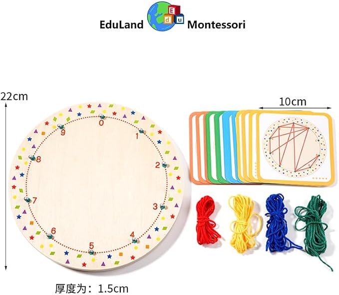 EduLand Montessori Wooden Peg Board Winding Patterns Game - Learning & Development Toy - 3+ Years - Includes 4 Colors Wool, 20 Pattern Cards, Wooden Pegboard