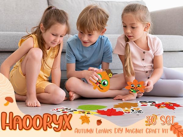 Haooryx Fall DIY Magnet Craft - 30 Set Autumn Maple Leaves DIY Fall Leaf Magnet Stickers Art Craft Kit Supplies for Kids School Activities Supplies Home Refrigerator Class Blackboard Whiteboard Decor