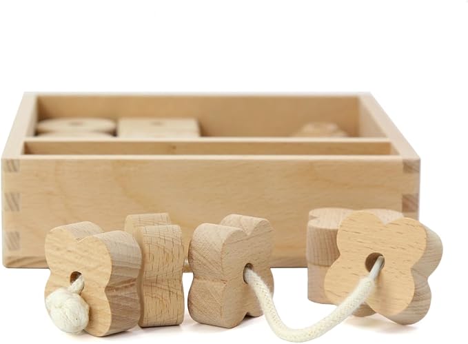 Kiddison Large Wooden Lacing Beads for Toddlers 2-4, Montessori Threading & Stringing Toy with Wooden Tray, Fine Motor Skills Activity, Occupational Therapy Toy, 27 Beads & 1 Lace