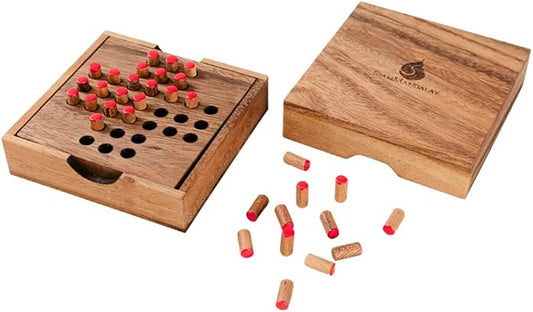 Wood Solitaire Game Classic Peg Solitaire Board Premium Wooden Design Single Player Brain Teaser Strategy Puzzle for Brain Training Tabletop Indoor (Jump All but one)