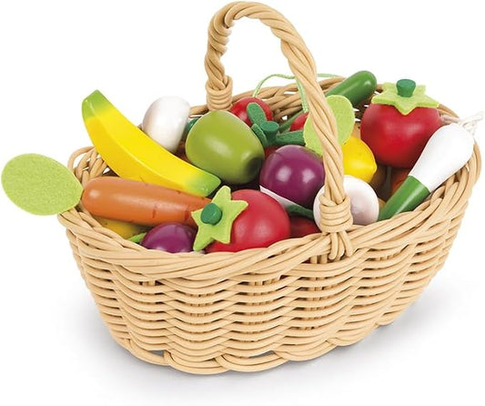 Janod - 25 Piece Wooden Play Food Fruit and Vegetable Basket - Ages 3+ - Playing Store with Toy Register - Imaginative Play Enhancement - Includes 24 Fruits and Vegetables - Ages 3+ - J05620 | Ages 3 and Up - Enhances Imagination - Pretend Store Grocer...