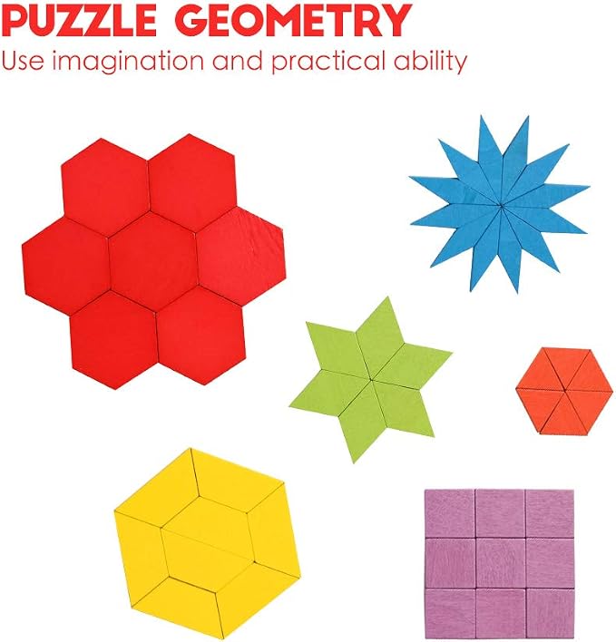 JCREN Wooden Pattern Blocks Geometric Tangram Shape Puzzle 155Pcs | Montessori Toy with Activity Cards and Storage Bag Classic STEM Learning Toys Educational Gift for Kindergarten Kids