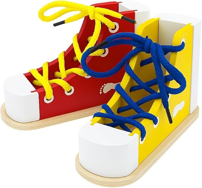 Shoe Tying Practice For Kids Wooden Board Learn To Tie Lacing Toy RED