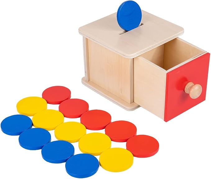 Adena Montessori Coin Lock Box Object Permanence 6-12 Months | Red drawer, red yellow blue coins. Smooth burr-free. Color sorting, hand-eye coordination, fine motor. Learning gift.