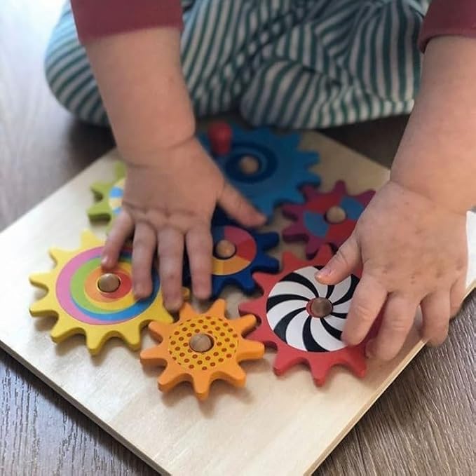 Goki Wooden Spinning Gears 8-Piece Montessori Educational Toys for 3 Year Old STEM Cause & Effect Building Set for Fine Motor Skills & Logical Thinking I Sensory Toys for Toddlers I Gifts for 3+