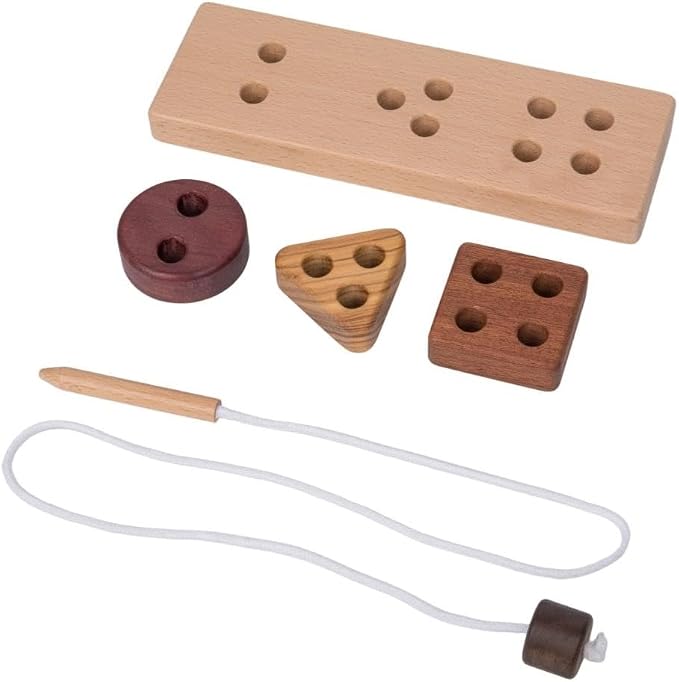 Montessori Wooden Lacing Toys for Toddlers 3 4 5 Year with Base – 3 Shapes: Circle, Triangle, Square – Educational Threading Puzzle for Preschool Fine Motor Skills,Travel Activity Toy(3 Natural Woods)