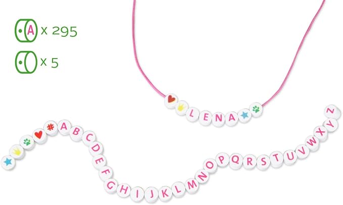 Lena 32050 Wooden Letter Beads Craft Set, 300 Round Threading Beads and with Pink Letters, Wooden Beads Set for Children from 3 Years, for DIY Beads, Jewellery, White, Medium