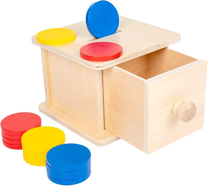 Adena Montessori Wooden Coin Box with Drawer Object Permanence 6-12 Months | Red yellow blue coins. Premium wood smooth. Explore opening and closing and inserting coins. Learning gift.