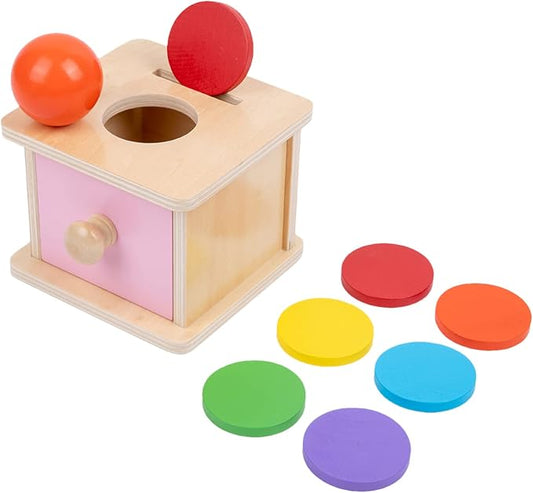 Adena Montessori Pink Wooden Coin Box 2 in 1 Object Permanence Toy 6+ Mo | Includes 6 colorful wood discs and a ball, works as color shape sorter and baby toy storage, smooth burr-free linden wood