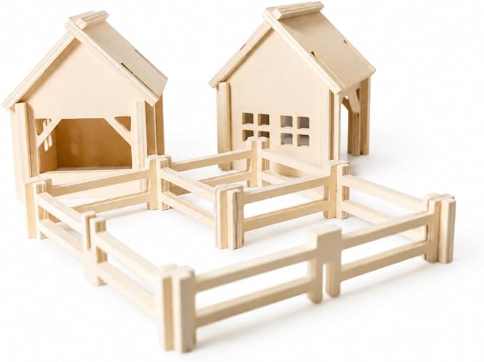 Natural Wood Farm Building Set for Kids Ages 3+, 34-Piece Farm Construction Toy with Interlocking Barns and Fences, Open-Ended Creative Building & Imaginative Play