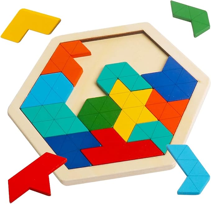 Wooden Hexagon Puzzle, Geometry Logic IQ Brain Blocks for Kids & Adults | Montessori Educational Toy, Geometric Shape Blocks, Logic IQ Game, Ideal Gift for Kids Teens Adults