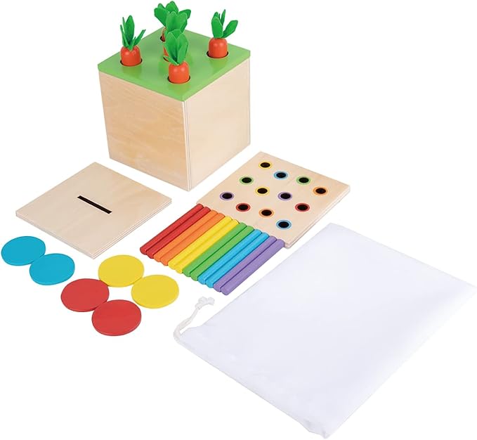 Adena Montessori 3 in 1 Wooden Play Kit for Babies 6-12 Months | Color drop, carrot harvest, coin box boost motor, logic and color sorting. Bright wood for toddlers independent play.