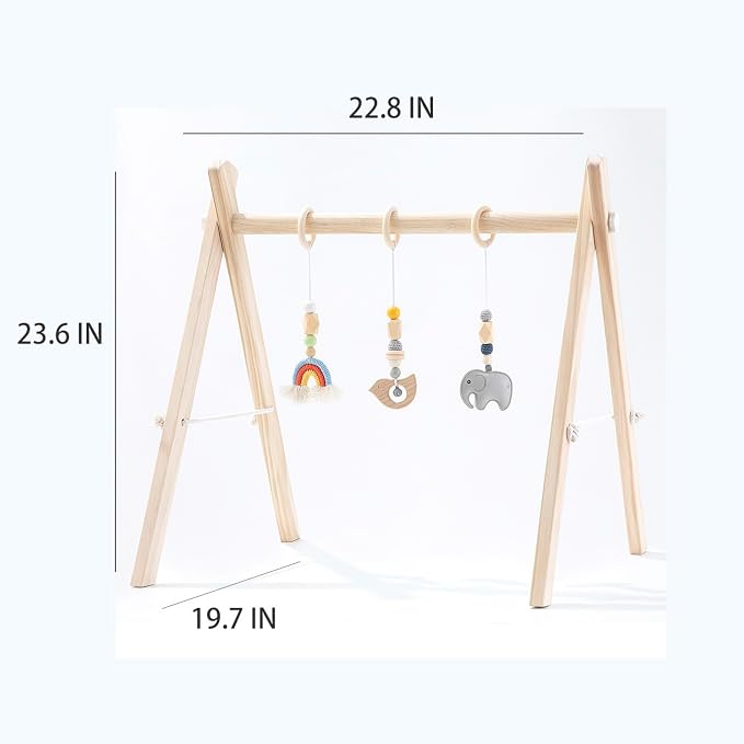 Wooden Baby Play Gym, Foldable Baby Activity Gym Frame with 4 Hanging Sensory Toys, Montessori Newborn Tummy Time Play Gym, Natural Wood Baby Gym for Infant Nursery Decor, Baby Shower Gift | 4 Sensory Hanging Toys, Montessori, Infant Activity Frame, 0-...