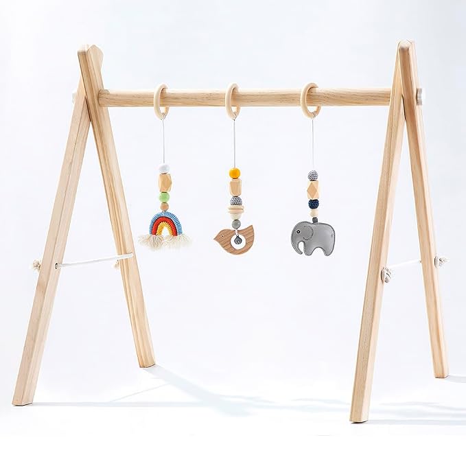 Foldable Baby Play Gym with Natural Pine Wood and Hanging Bar for Infant Activities, Ideal Gift for Newborn Boys and Girls