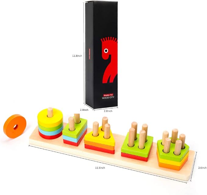 Wood City Wooden Montessori Toys for 1 2 3 Year Old Boys Girls Toddlers, Sorting & Stacking Toys for Toddlers and Kids Preschool, Educational Color Recognition Shape Sorter, Learning Puzzles Gift