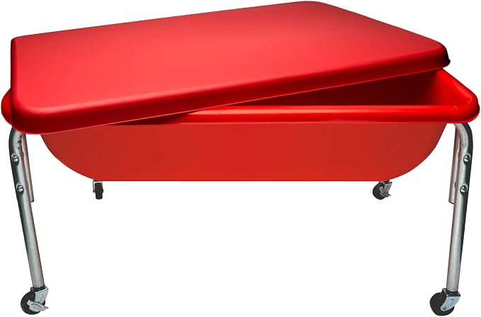 Children's Factory Medium Sensory Table and Lid – 18″ Height, Sandbox with Lid, Water Table for Kids, Red | Sandbox with Locking Casters for Indoor or Outdoor Use, Rust-Resistant Sensory Bin for Classrooms, Preschools, and Daycares
