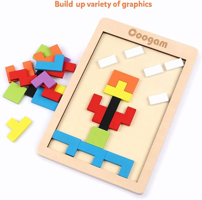 Coogam Wooden Blocks Puzzle Brain Teasers Toy Tangram Jigsaw Intelligence Colorful 3D Russian Blocks Game STEM Montessori Educational Gift for Kids (40 Pcs) | Wooden Puzzle Box Brain Game Building Block Intelligence Educational Gift for Toddlers
