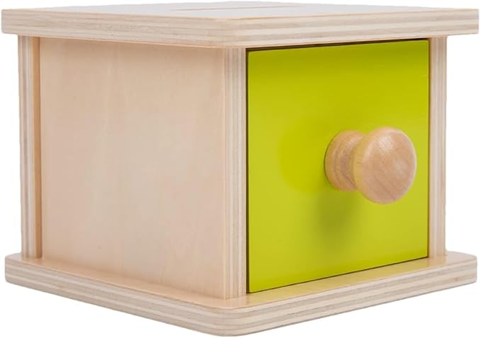 Adena Montessori Coin Box, Yellow-Green Door, 6-12m | 6 wooden coins. Flip-top door & drawer. Teaches object permanence & fine motor. Montessori toy. Gift 6-12m.