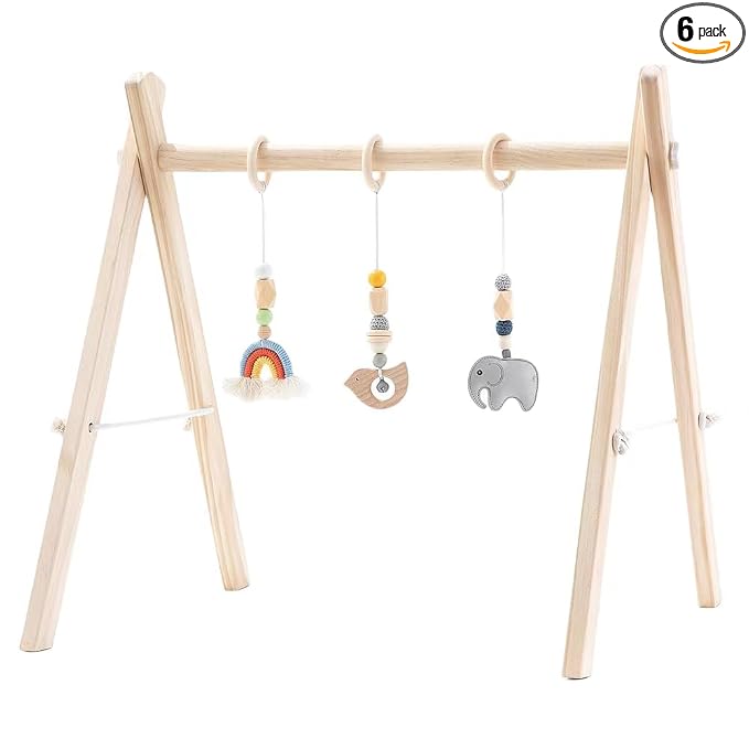Foldable Baby Play Gym with Natural Pine Wood and Hanging Bar for Infant Activities, Ideal Gift for Newborn Boys and Girls