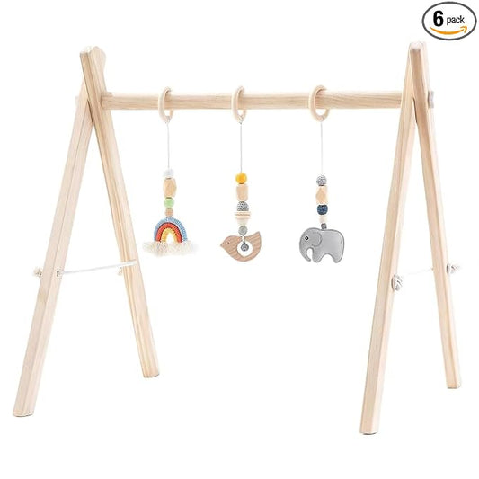 Foldable Baby Play Gym with Natural Pine Wood and Hanging Bar for Infant Activities, Ideal Gift for Newborn Boys and Girls