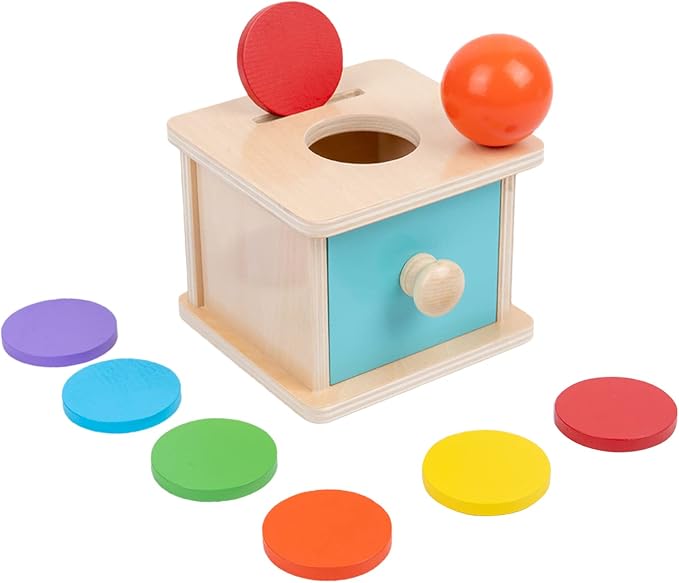 Adena Montessori Blue Wooden Coin Box 2 in 1 Object Permanence Toy 6+ Mo | Includes 6 colorful wood discs and a ball, works as color shape sorter and baby toy storage, smooth burr-free linden wood
