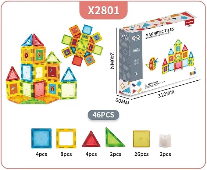 46 PCS Magnetic Tiles Kids stem Building Toy Preschool Learning Blocks Construction Magnet Gift Toddler Aged 3+