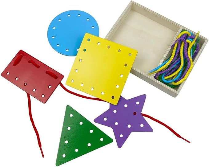 5 Pcs Double-Sided Shape Panels Wooden Threading Toy Lacing Cards for Toddlers, Lacing Shapes, Educational and Learning Montessori Activity for Kids (Triangle)