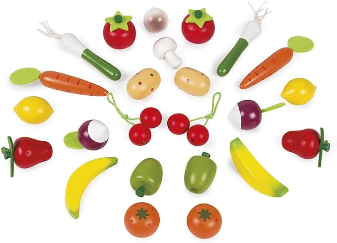 Janod - 25 Piece Wooden Play Food Fruit and Vegetable Basket - Ages 3+ - Playing Store with Toy Register - Imaginative Play Enhancement - Includes 24 Fruits and Vegetables - Ages 3+ - J05620 | Ages 3 and Up - Enhances Imagination - Pretend Store Grocer...