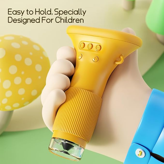 Kids Microscope Handheld – 2" Digital Microscope for Kids with 8 LED Lights, 50X-1000X Portable Pocket Microscope for STEM Learning, Educational Toy for Boys & Girls Ages 3-12（Yellow）