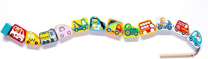 Wooden Flyring Cars Lacing Toy – Montessori Lacing Toy for Kids Ages 3+ – Wooden Lacing Cards with Threading String – Fine Motor Toy – FSC-Certified Wood, Travel Toy for Toddlers