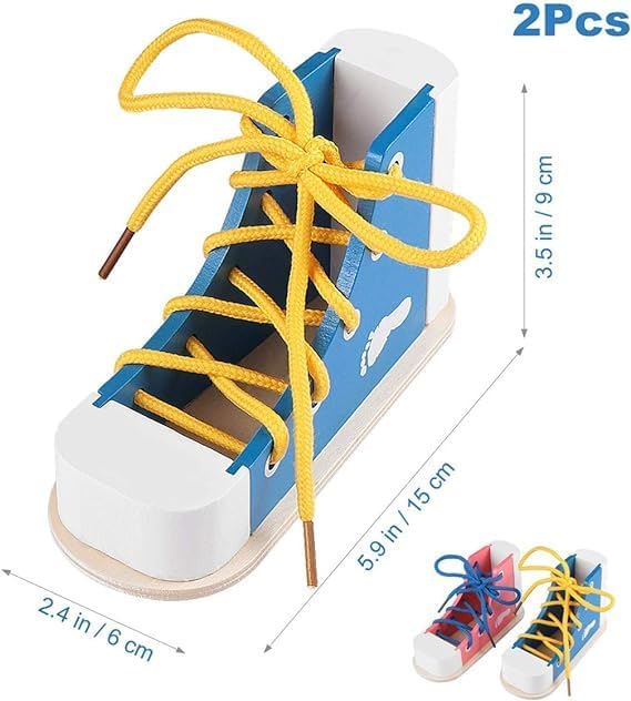 Mikily's Learn to Tie Shoes for Kids - Wooden Lacing Toy Shoe Tying & Practice Kit - Knot Tying Tool, Pick&blue
