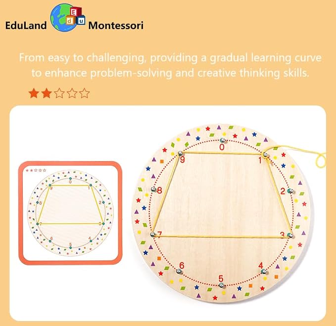 EduLand Montessori Wooden Peg Board Winding Patterns Game - Learning & Development Toy - 3+ Years - Includes 4 Colors Wool, 20 Pattern Cards, Wooden Pegboard