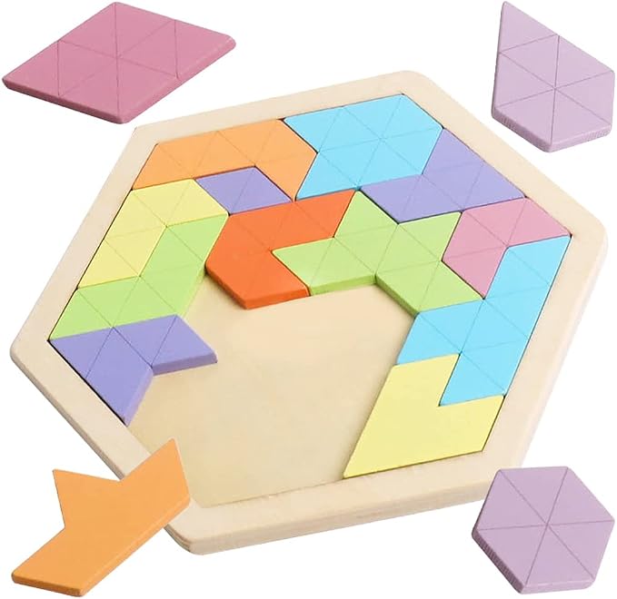 Wooden Hexagon Tangram Puzzle, STEM Educational Brain Teaser for All Ages | Montessori Educational Toy, Geometric Shape Blocks, Logic IQ Game, Ideal Gift for Kids Teens Adults