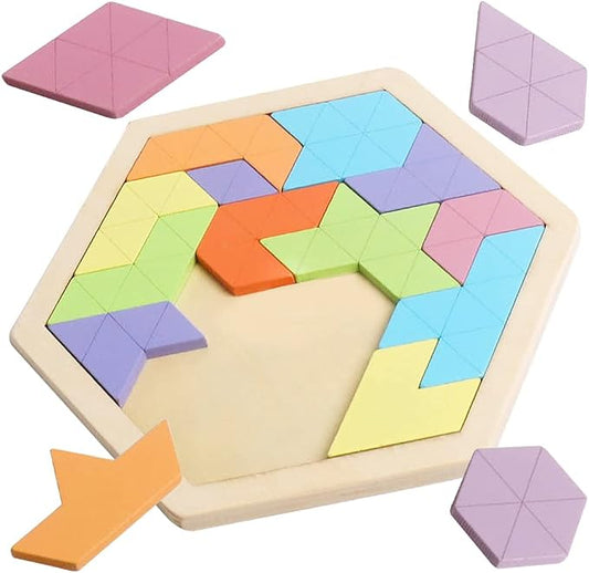 Wooden Hexagon Tangram Puzzle, STEM Educational Brain Teaser for All Ages | Montessori Educational Toy, Geometric Shape Blocks, Logic IQ Game, Ideal Gift for Kids Teens Adults