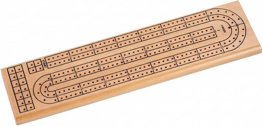 Natural Wooden 2 Track Cribbage Board with 6 Plastic Pegs, Classic Cribbage Game Board with Black Printed Tracks, Backside Peg Storage, 13.75 x 3.5 x 0.75 Inches