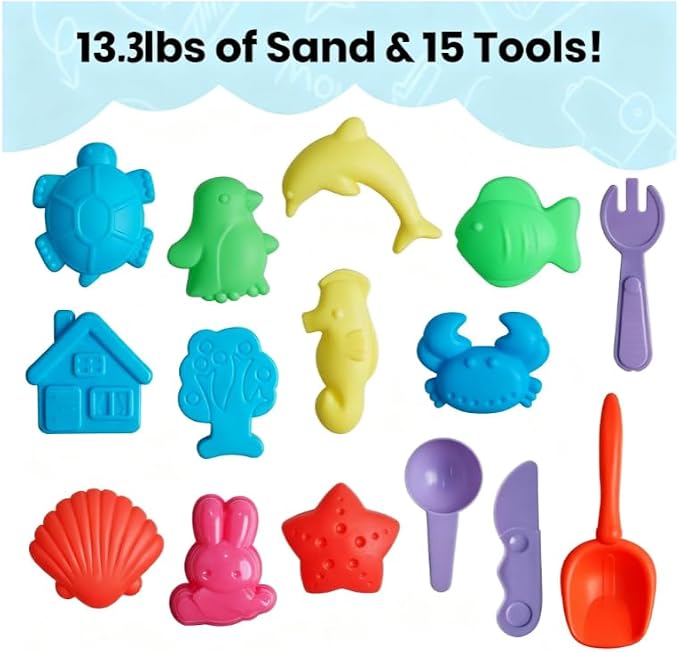 FURWEY Play Sand Set,13.3lbs Colorful Sensory Sand,15 Tools Molds,Art Kit | Play Sand Art Kits for Children Ages 3+ to Relaxing Creative Activities, Sensory Play Set with Tools
