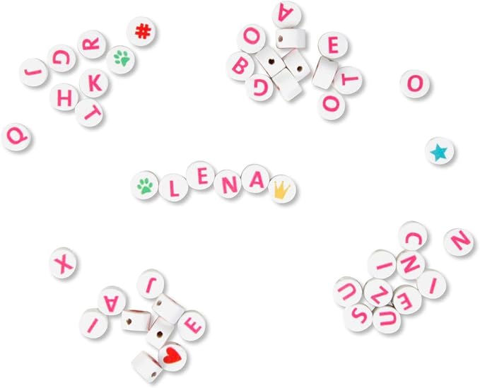 Lena 32050 Wooden Letter Beads Craft Set, 300 Round Threading Beads and with Pink Letters, Wooden Beads Set for Children from 3 Years, for DIY Beads, Jewellery, White, Medium