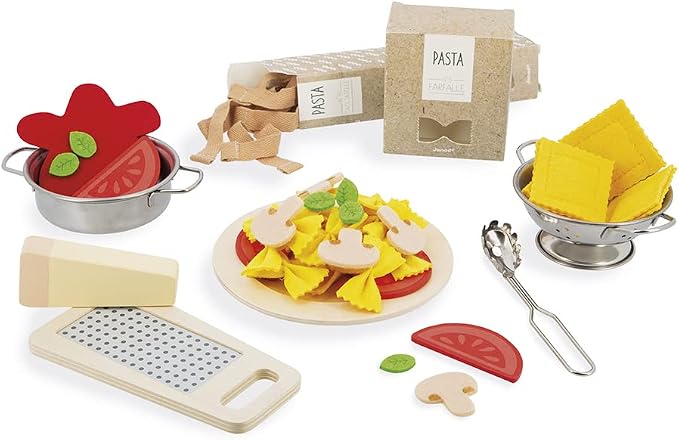 Janod - Pasta Mix - Pasta Set - Pretend Play Kitchen & Tea Set Toy - 58 Wooden, Cardboard and Felt Pieces Included - Water-Based Paints - 3 Years + J06598 | Safe Water-Based Paints - Wooden and Felt Materials - Fun Gift for Kids Age 3+ - Creative Cooki...