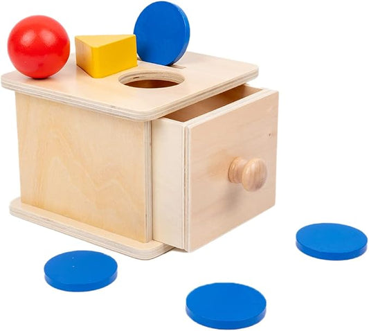 Adena Montessori Wooden Coin Box with Drawer Object Permanence 6-12 Months | Red ball, yellow triangle, blue disc. Smooth wood, no burrs. Open-close-insert for color-shape sorting. Gift.