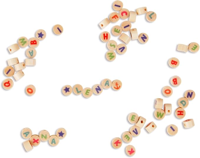 Lena 32051 Craft Set Wooden Letter Beads, 300 Round Threading Beads and with Colourful Letters, Wooden Beads Set for Children from 3 Years, for DIY Beads Jewellery, Natural Brown