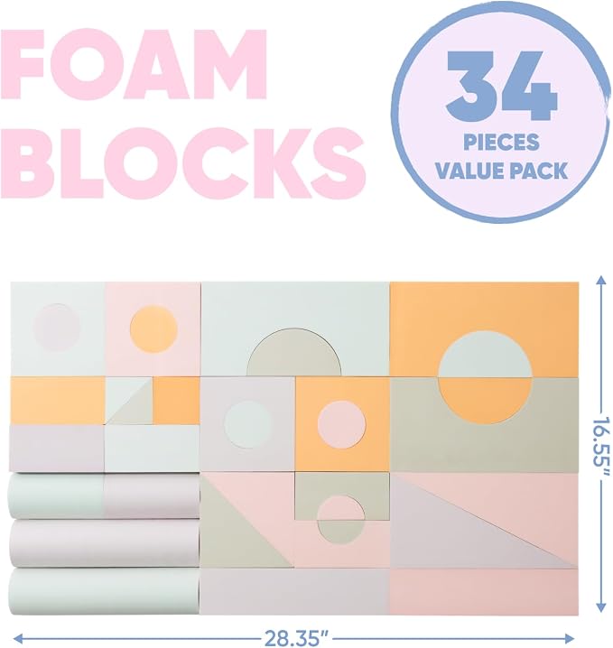 34 Large Foam Blocks for Toddlers - Pastel Stacking Soft Blocks for Kids | 34 jumbo soft EVA foam blocks in pastel colors - stack, build and float in the bath. Storage bag included. Non-toxic, ages 3+