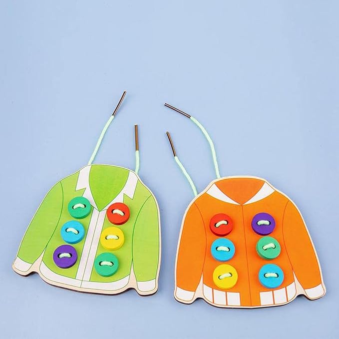 Sewing Button Threading Activity Toy for Kids, Wooden Lacing Craft Set with 24 Buttons, 4 Boards & 30 Cards, Fine Motor Skills Learning
