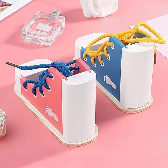 Mikily's Learn to Tie Shoes for Kids - Wooden Lacing Toy Shoe Tying & Practice Kit - Knot Tying Tool, Pick&blue