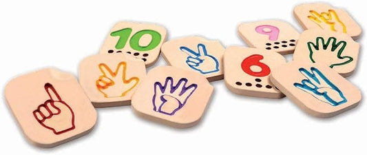 PlanToys® Hand Sign Numbers 1-10 Wooden Montessori Kids Counting Play Toy | hand sign numbers 1-10, wooden montessori counting, early math sensory tactile number recognition, sign language tiles, kids